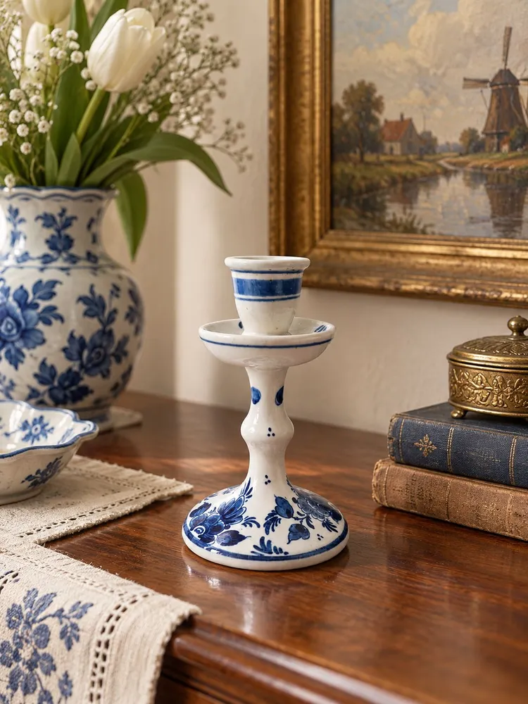 Подсвечник Delft Royal Holland для одной свечи в бело-синих тонах винтажный, 14 х 8,5 см, фарфор, Нидерланды, 1960-70 гг., 14x8.5 см, фото 2