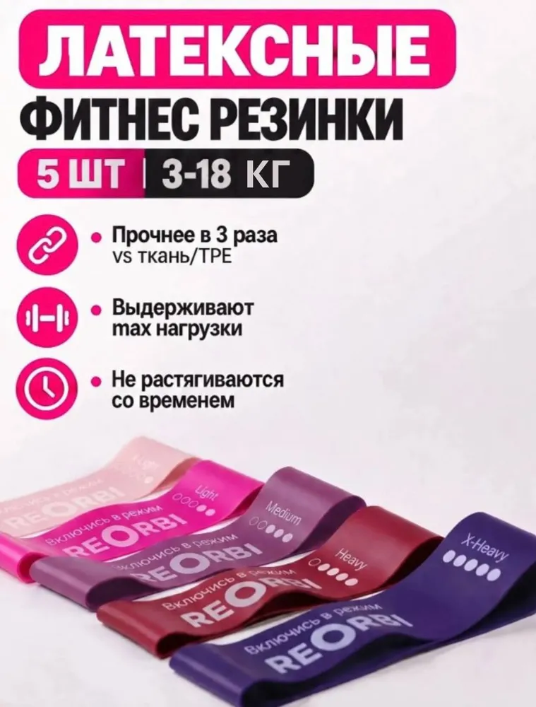 Эластичные ленты для фитнеса латекс 5 шт 3-18 кг REORBI, 5 шт, 318 кг