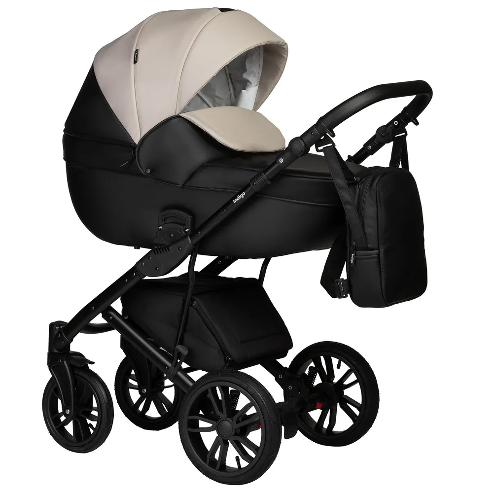 Коляска 2-в-1 Indigo MIO Eco 04 черная кожа+св.бежевая кожа, черный