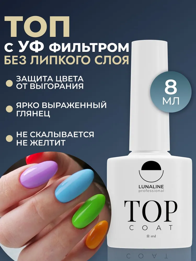Lunaline Топ для ногтей с УФ фильтром без липкого слоя, 8 мл, 8 мл