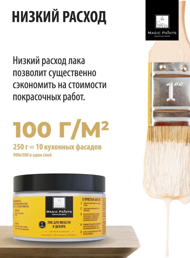 Лак акриловый для мебели и декора, защиты и творчества, износостойкий матовый бесцветный Magic Paints, 0.25 кг, 250 г, фото 5