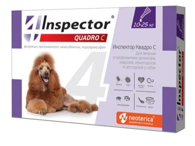 Inspector Quadro С Капли на холку для собак 10-25 кг пипетка 1 шт, от внешних и внутренних паразитов, 25 кг, 1 шт, фото 2