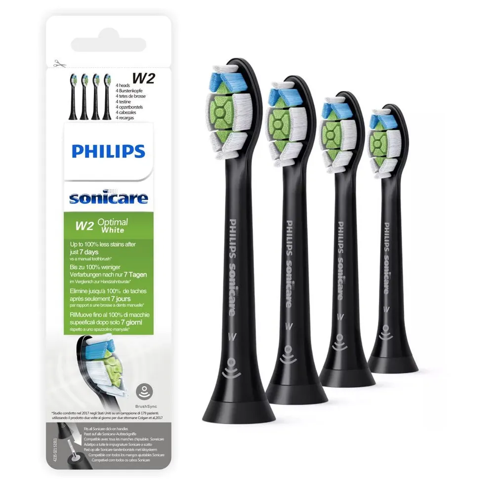 Сменная черная насадка для электрической зубной щетки W2 Philips Sonicare Optimal HX6064-95 для отбеливания эмали, черная,Black, 4 шт, 4 шт
