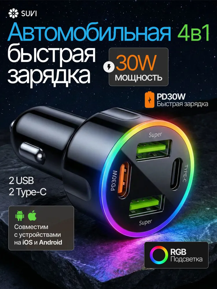 Зарядка в прикуриватель с вольтметром 2USB , разветвитель прикуривателя автомобильный, + 2 Type-C быстрой