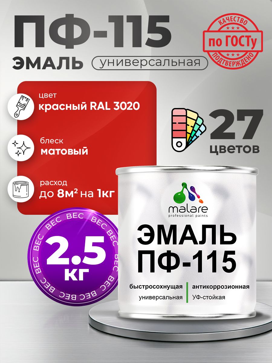 Эмаль Malare ПФ-115 краска для металла, минеральных поверхностей для внутренних и наружных работ антикоррозионная быстросохнущая, RAL 3020, красный, матовая, 2,5 кг