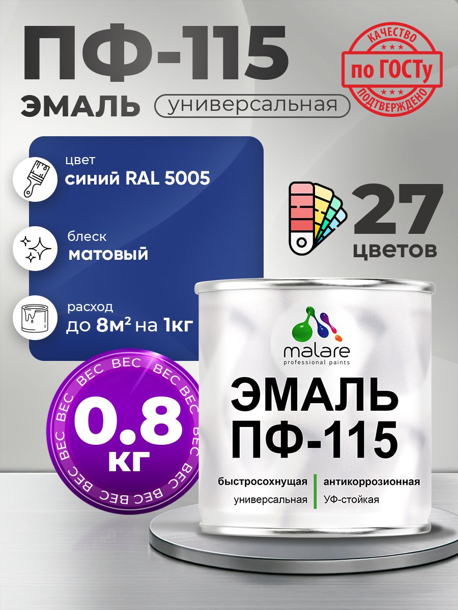 Эмаль Malare ПФ-115 краска для металла по дереву для минеральных поверхностей для внутренних и наружных работ антикоррозионная быстросохнущая, RAL 5005, синий, матовая, 0,8 кг