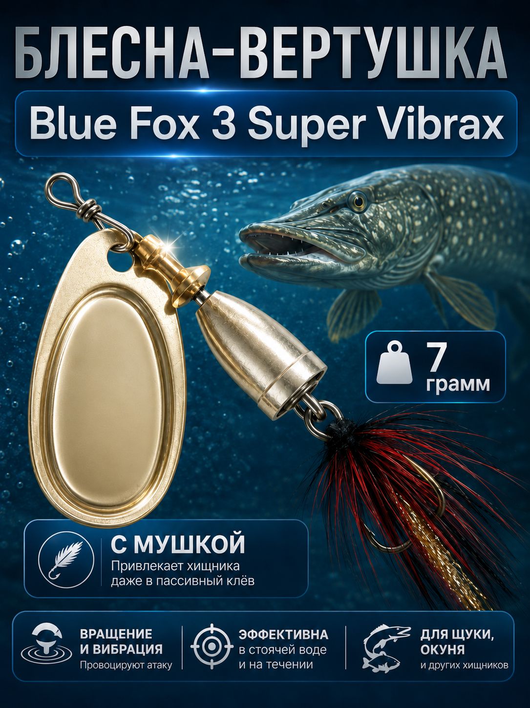 Блесна BLUE FOX № 3 с мушкой на щуку, жереха, судака