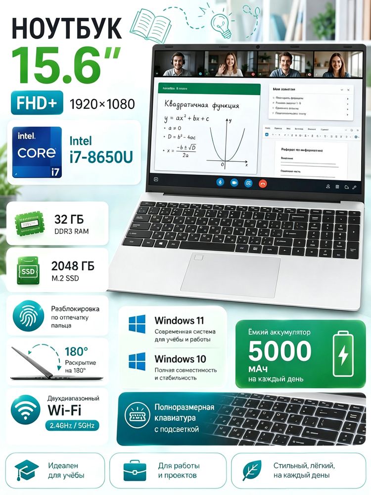 Ноутбук 15.6", Intel Core i7-8650U, RAM 32 ГБ, SSD 2048 ГБ, Intel UHD Graphics, Windows Pro, серебристый, Английская раскладка