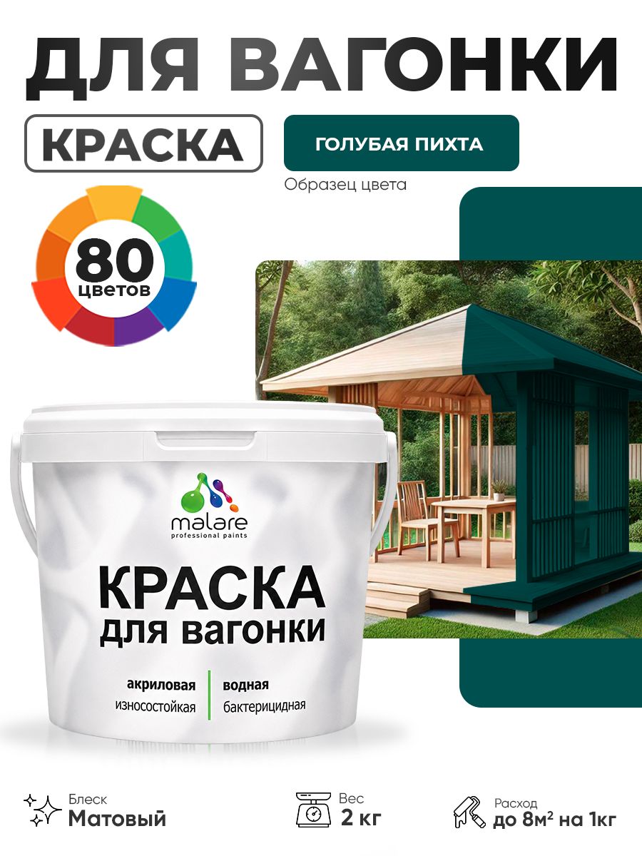 Акриловая краска для вагонки Malare для дерева, для фасадов и интерьера с антисептическим эффектом, быстросохнущая, без запаха, матовая, голубая пихта, 2 кг