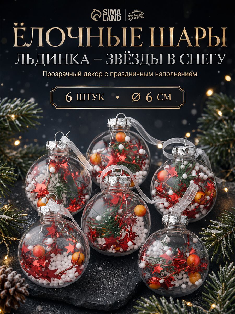 Елочные шары игрушки прозрачные, набор из 6 шт, 6 см / Набор елочных украшений