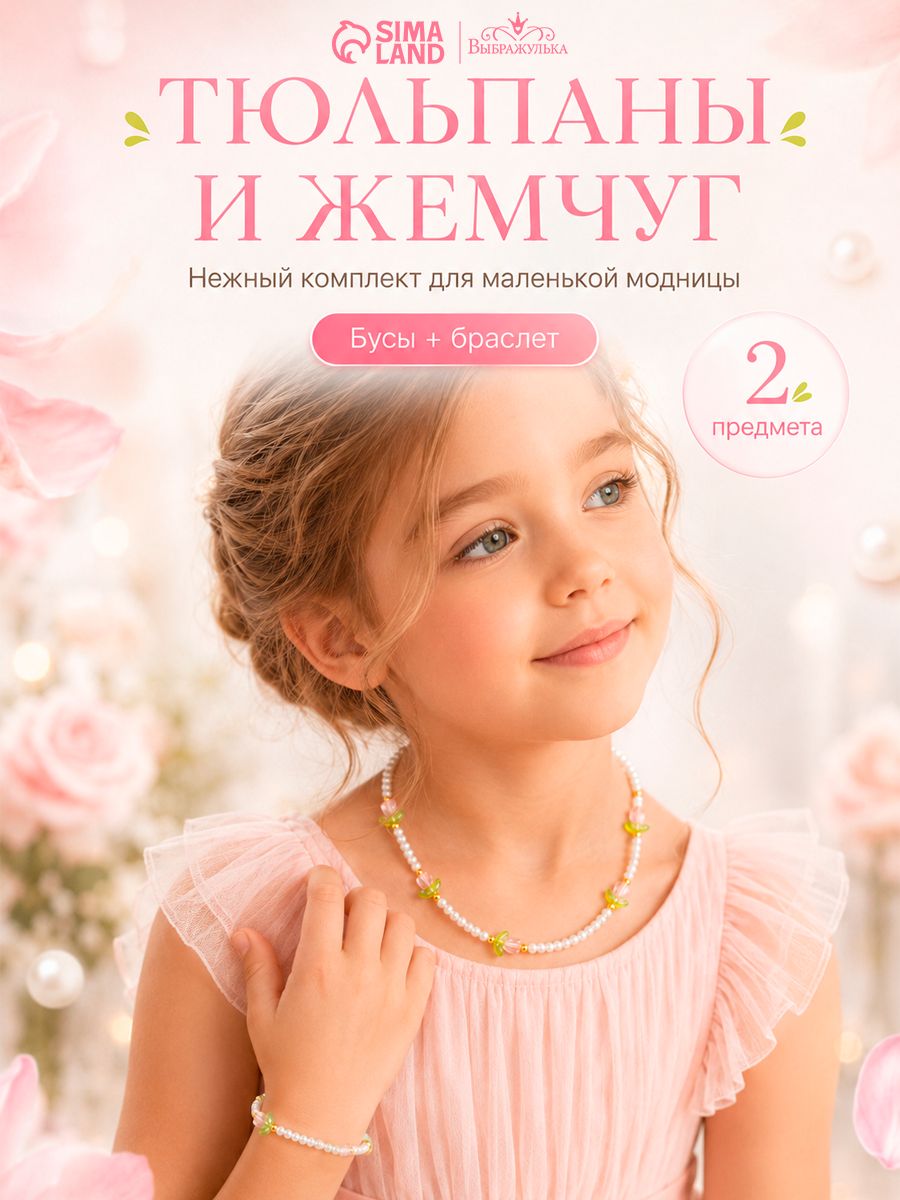 Детский набор украшений "Тюльпаны и жемчуг", 2 предмета: бусы, браслет