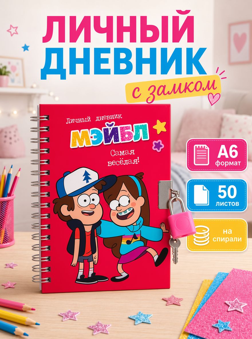 Личный дневник с замком "Гравити Фолз" Disney , 50 листов, формат А6