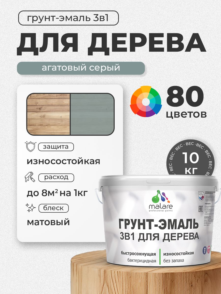 Акриловая Грунт-Эмаль 3 в 1 Malare для деревянных поверхностей с антисептическим эффектом, быстросохнущая, моющаяся без запаха матовая, агатовый серый, 10 кг