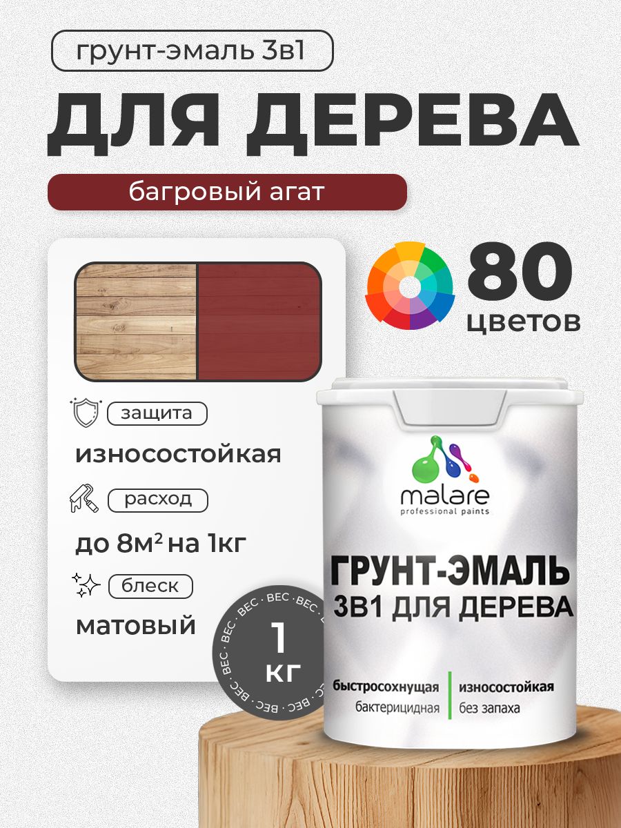 Акриловая Грунт-Эмаль 3 в 1 Malare для деревянных поверхностей с антисептическим эффектом, быстросохнущая, моющаяся без запаха матовая, багровый агат, 1 кг