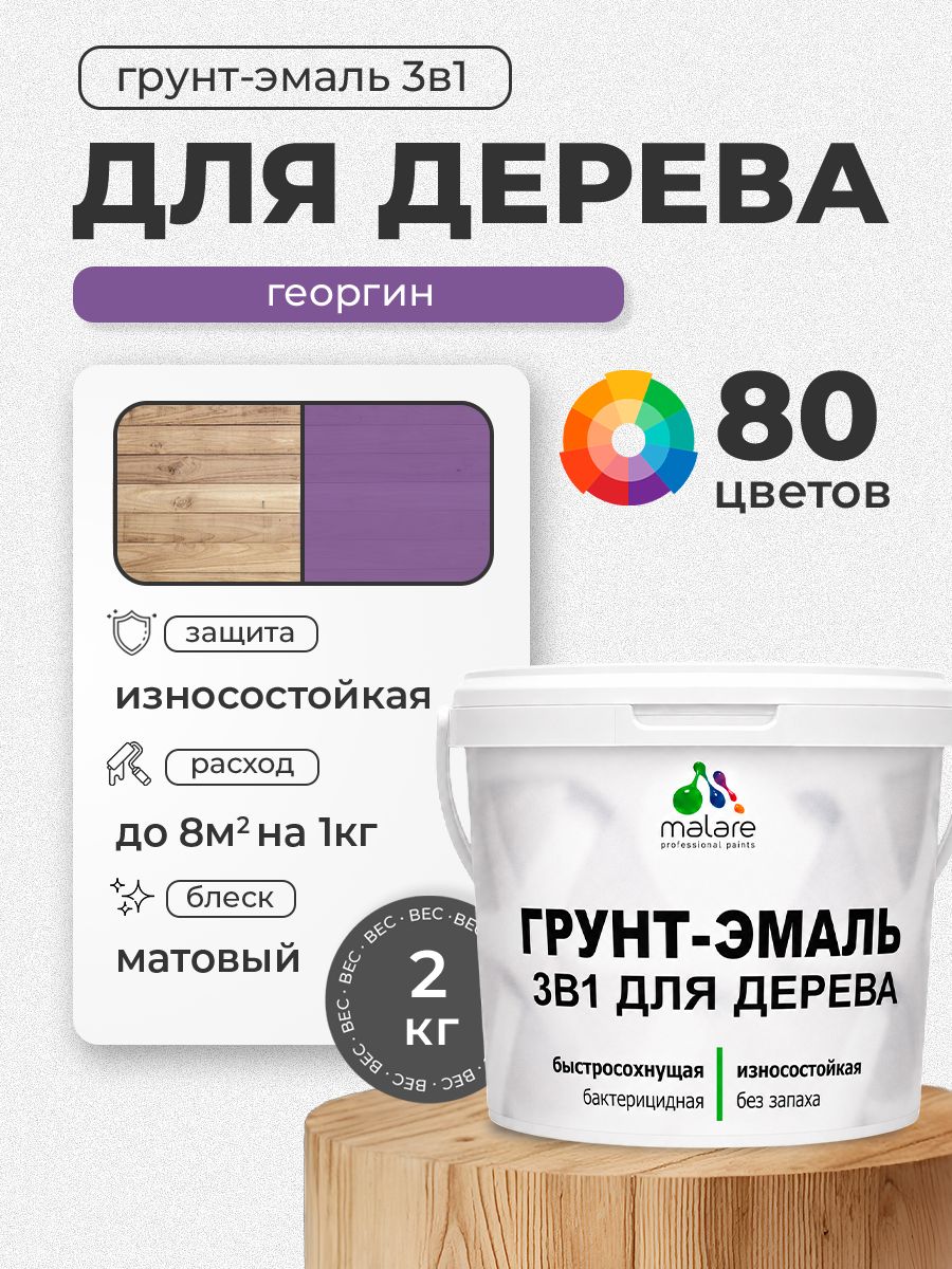Акриловая Грунт-Эмаль 3 в 1 Malare для деревянных поверхностей с антисептическим эффектом, быстросохнущая, моющаяся без запаха матовая, георгин, 2 кг