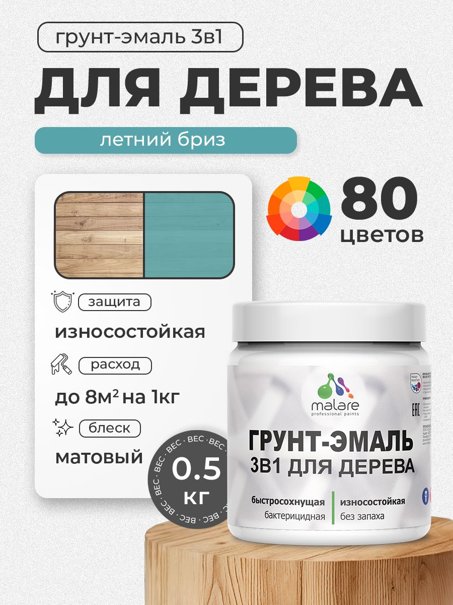 Акриловая Грунт-Эмаль 3 в 1 Malare для деревянных поверхностей с антисептическим эффектом, быстросохнущая, моющаяся без запаха матовая, летний бриз, 0.5 кг