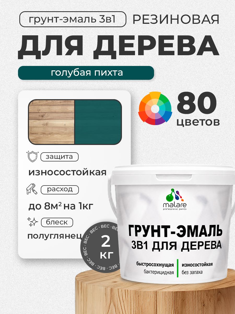 Латексная Грунт-Эмаль 3 в 1 Malare для деревянных поверхностей с антисептическим эффектом, быстросохнущая моющаяся без запаха полуглянцевая, голубая пихта, 2 кг