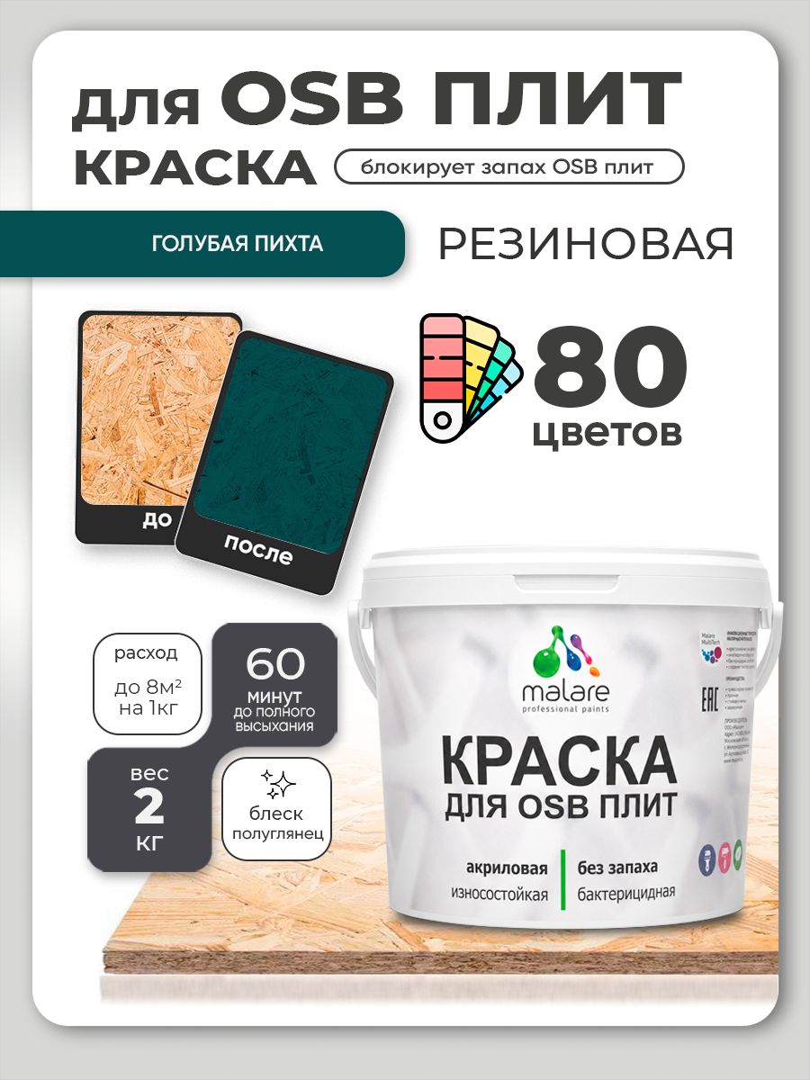Резиновая краска для ОСБ плит Malare акриловая краска для дерева для наружных и внутренних работ, быстросохнущая без запаха полуглянцевая, голубая пихта, 2 кг