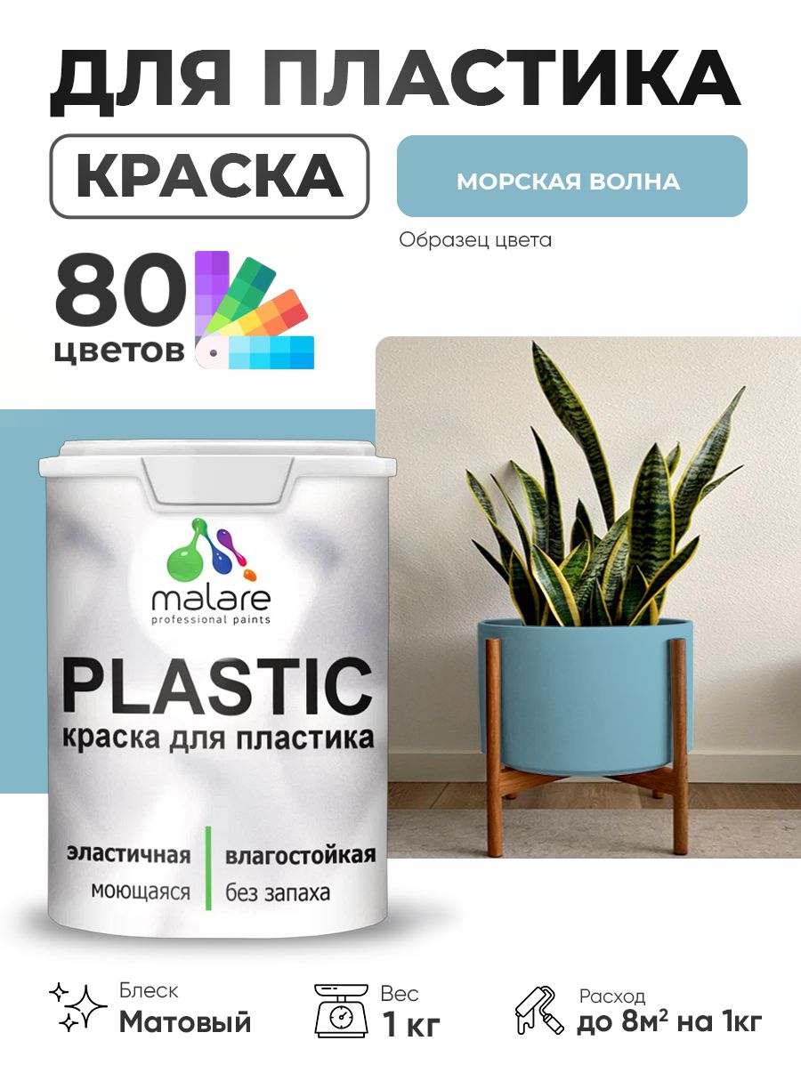 Акриловая краска для пластика Malare Plastic для пенопласта ПВХ сайдинга, для подоконников и откосов, быстросохнущая без запаха, матовая, морская волна, 1 кг
