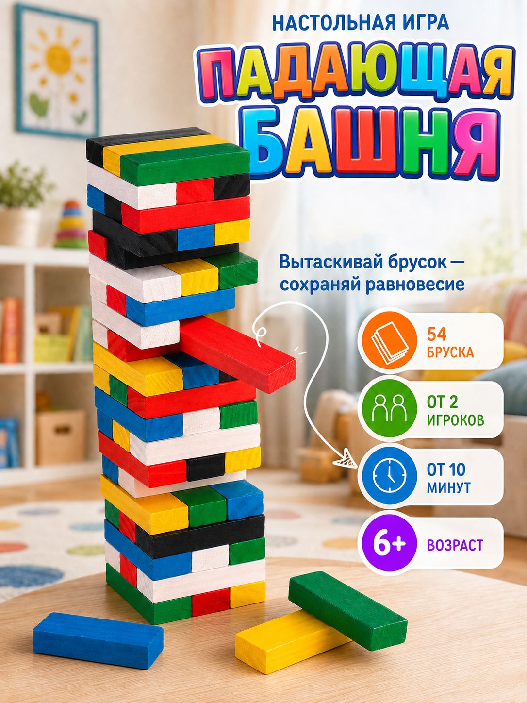 Дженга / Настольные игры для детей и взрослых Лас Играс / Падающая башня для компании, 54 бруска