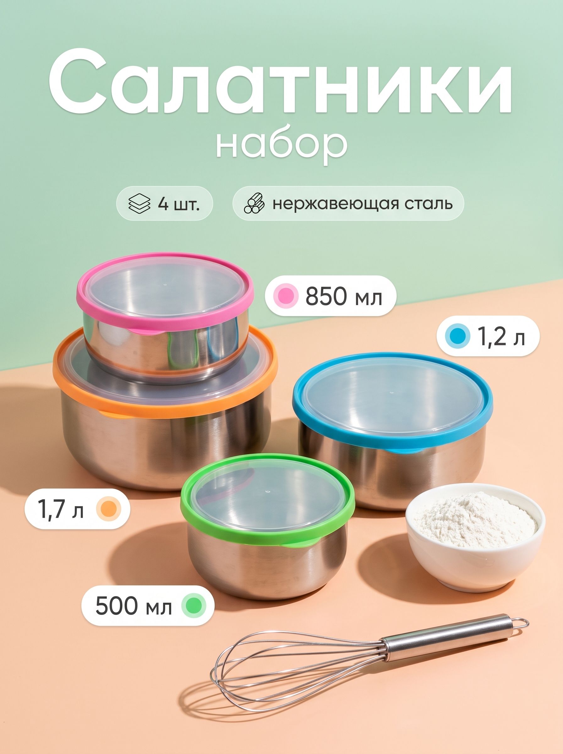 Набор салатников из нержавеющей стали с крышками Радуга, 4 предмета: 500 мл, 850 мл, 1,2 л 1,7 л, диаметр 12/14/16/18