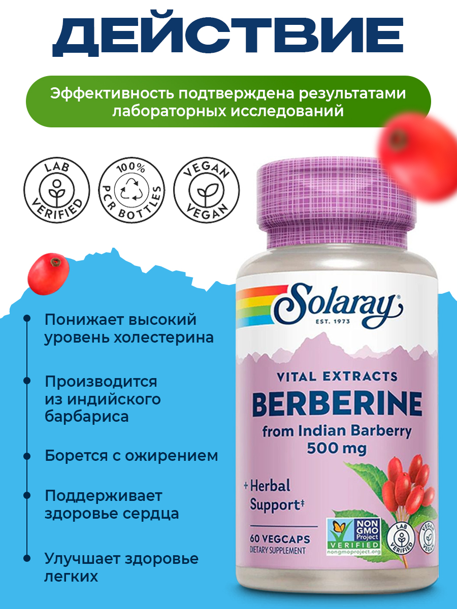 Solaray, Берберин 60 капсул, Жиросжигатель для похудения, иммунитета, сосудов