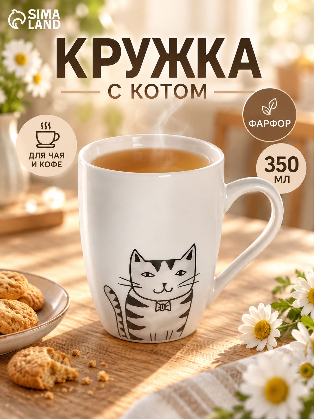 Кружка фарфоровая 350 мл, Доляна "Кис-кис-мяу", для чая и кофе