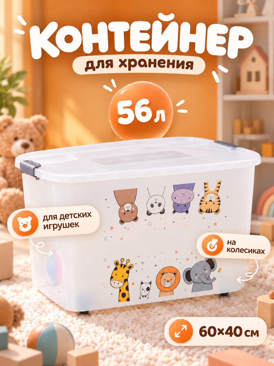 Контейнер для хранения, пластиковый с крышкой, на колёсиках Зверята , 56 л, 60х40х36 см