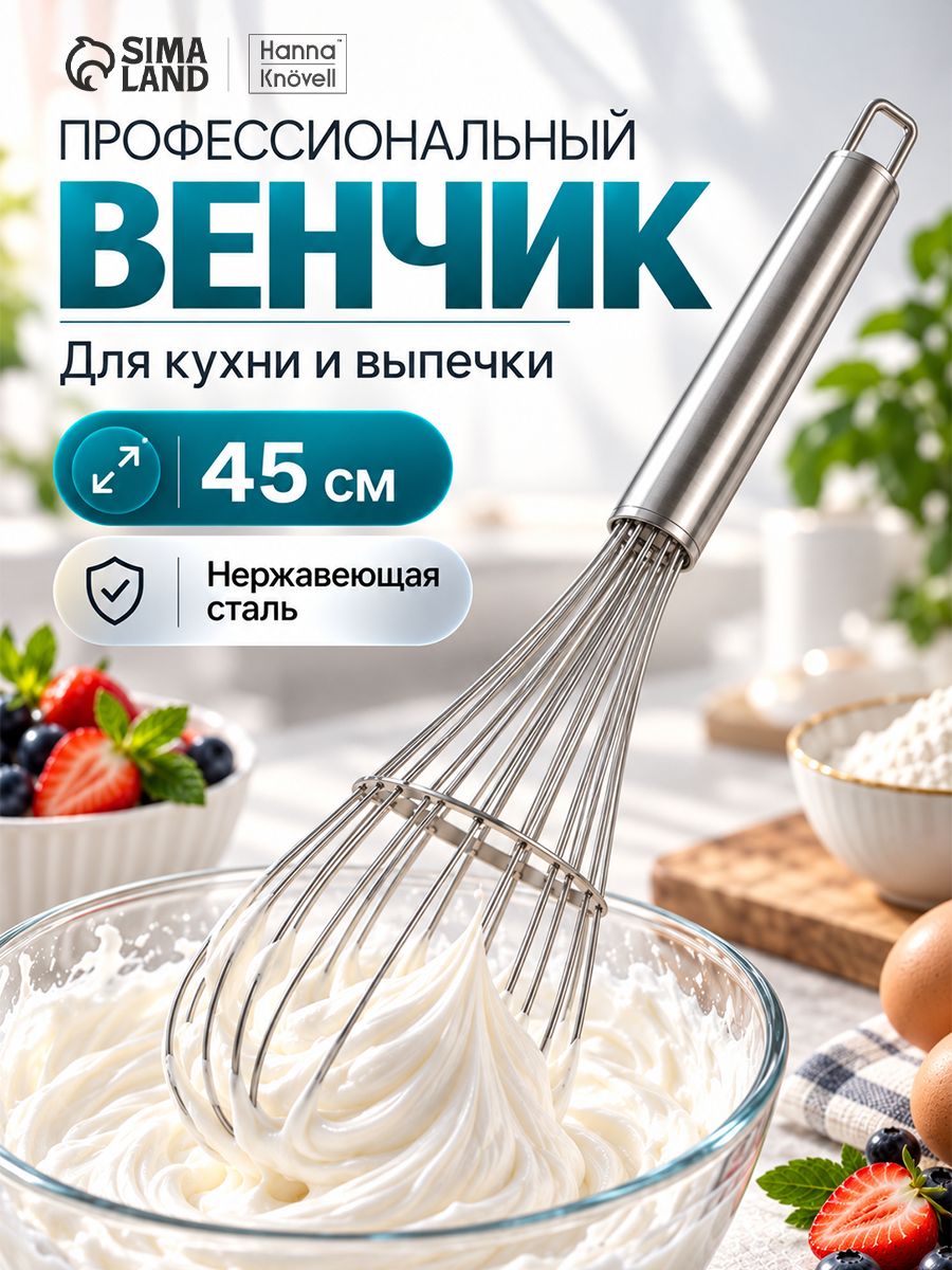 Венчик для взбивания ручной, 45 см, нержавеющая сталь, струна 2 мм