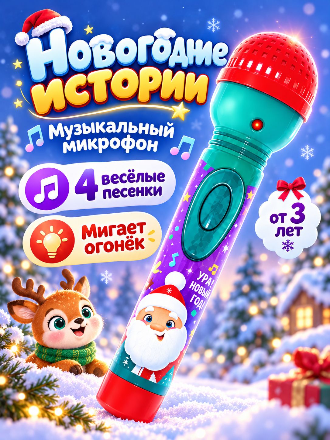 Микрофон детский "Новогодние истории" / Подарок на новый год детям / Музыкальная игрушка для малышей