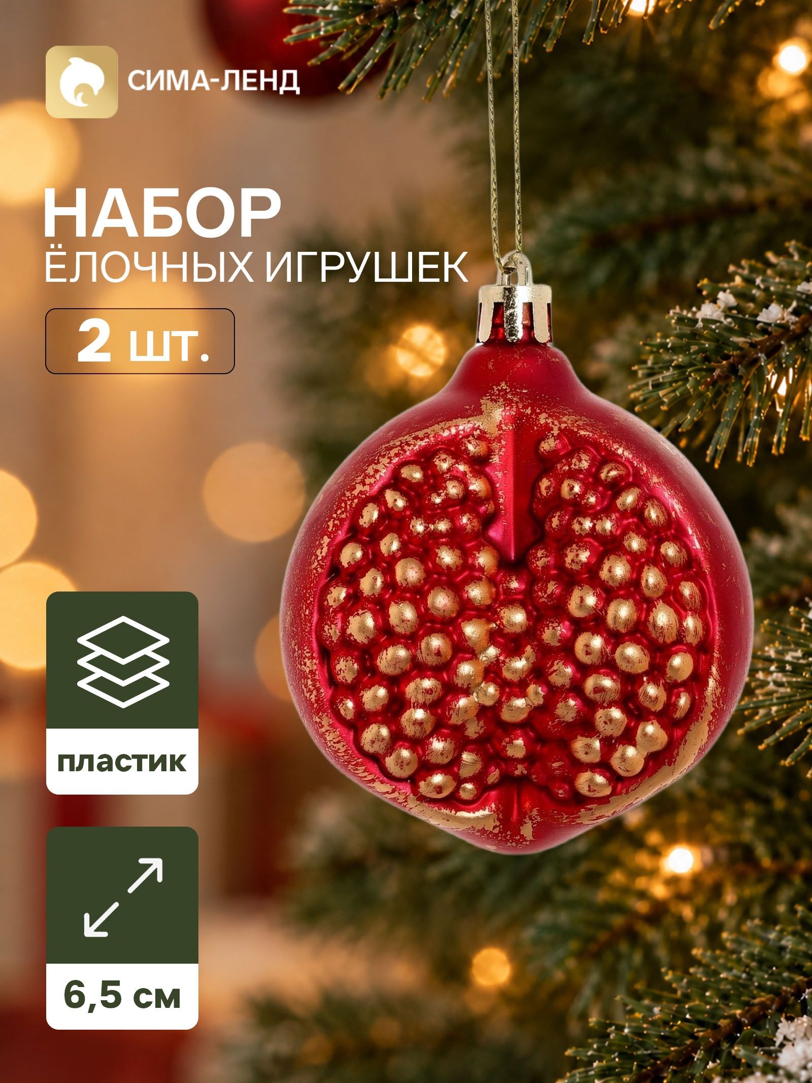 Ёлочные игрушки набор 2 шт. Серпантин. Гранат , 6.5 5.5 см, красные