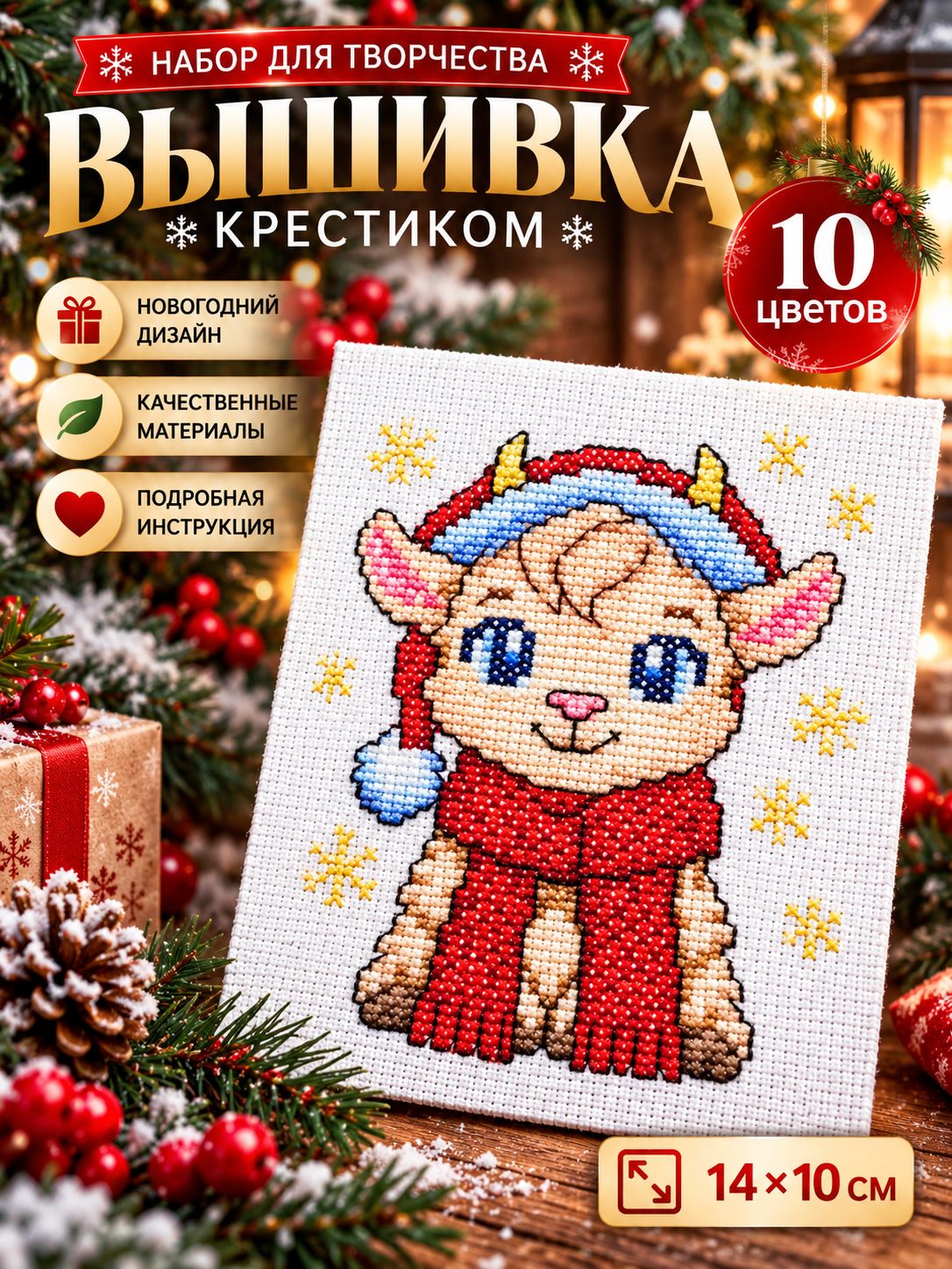 Набор для вышивания крестиком, "Козлик", 14х10 см, новогодний набор для творчества 2027
