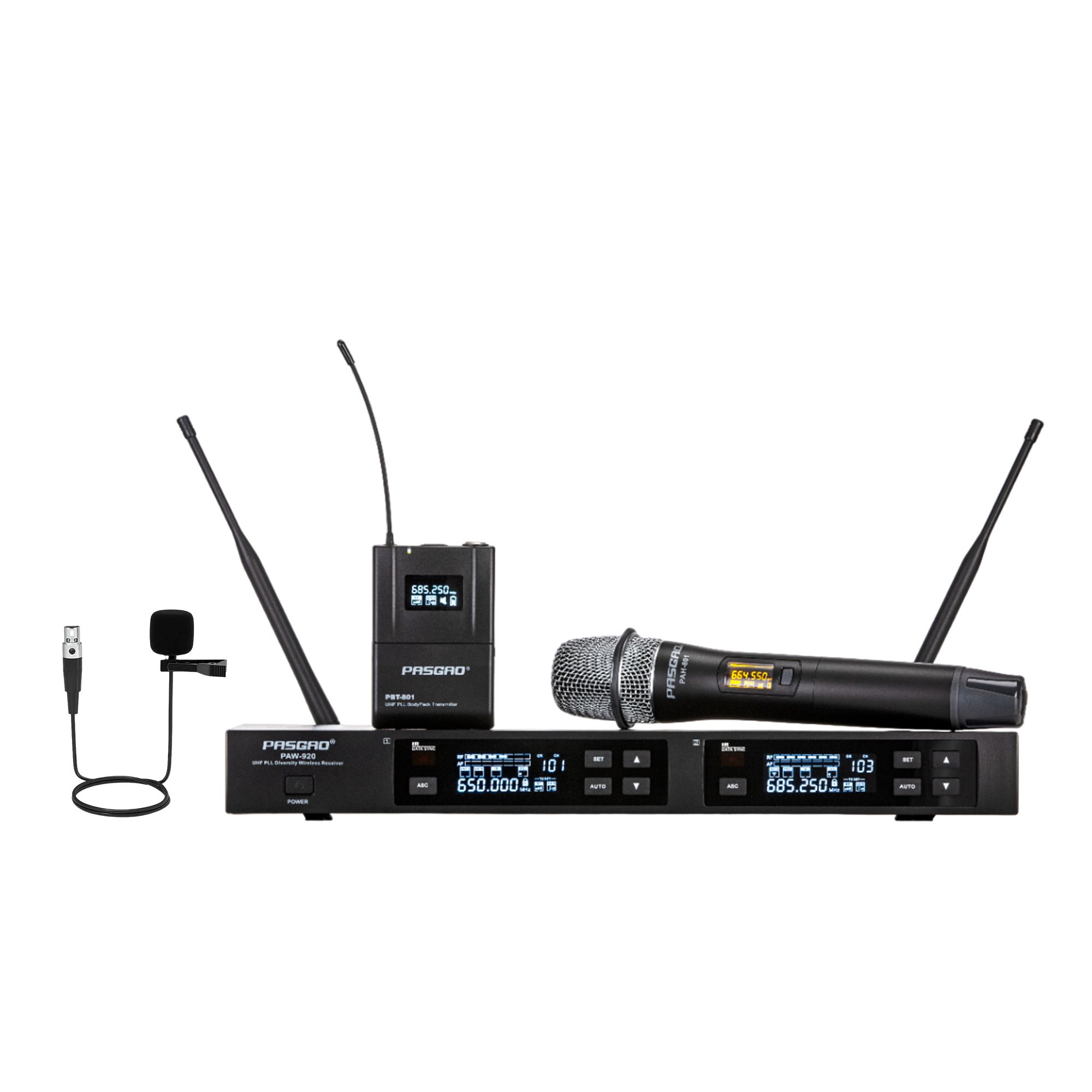 PasgaoPAW-920Rx_PAH-801TxH_PBT-801TxBДвухканальнаярадиосистемасручнымипояснымпередатчикамиспетличныммикрофоном(A1
