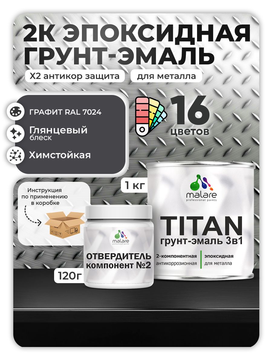 2К Эпоксидная грунт-эмаль Malare TITAN по металлу, двухкомпонентная для агрессивных сред и экстремальных условий, износостойкая, RAL 7024 графитово-серый, глянцевая, (1 кг + 0,12кг отвердитель)