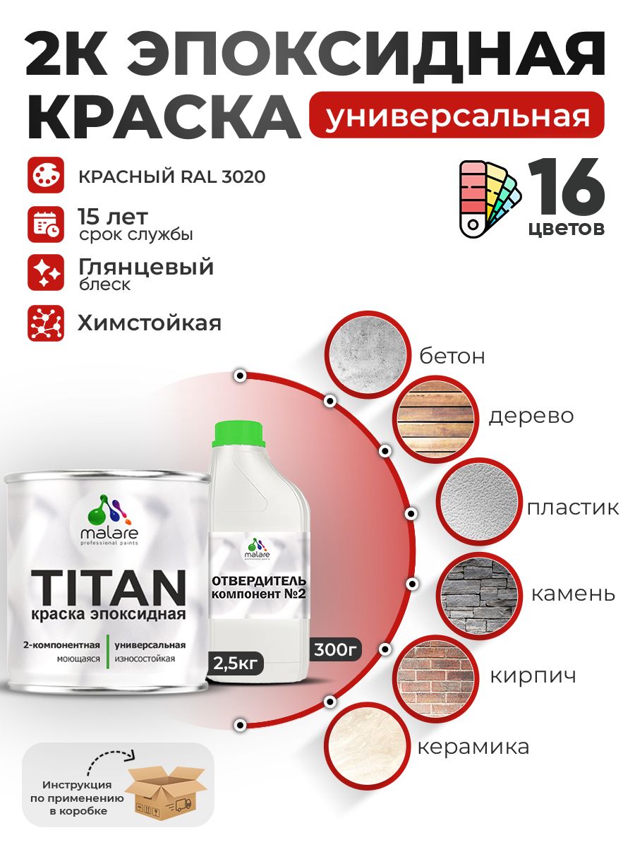 2К Эпоксидная краска Malare TITAN универсальная, двухкомпонентная влагостойкая высокопрочная износостойкая, RAL 3020 красный, глянцевая, (2,5 кг + 0,3кг отвердитель)