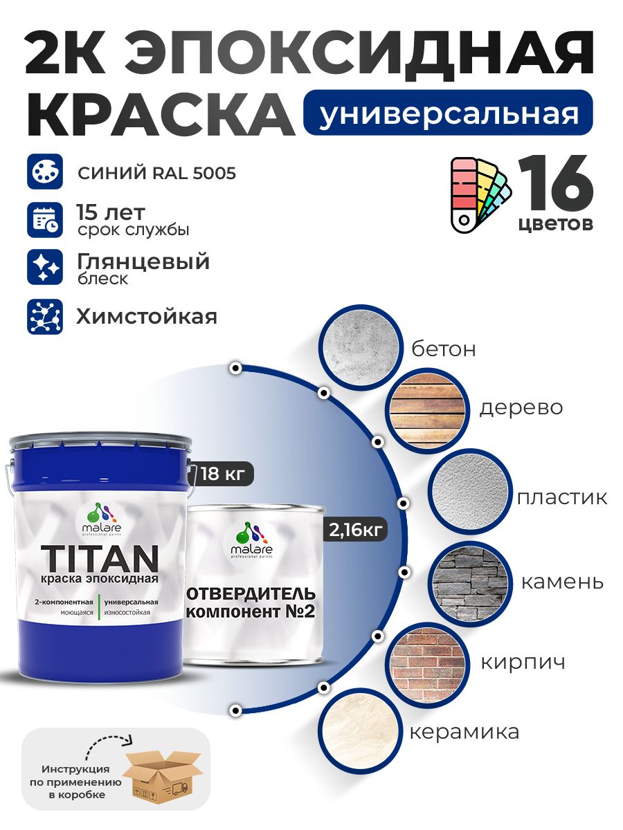 2К Эпоксидная краска Malare TITAN универсальная, двухкомпонентная влагостойкая высокопрочная износостойкая, RAL 5005 синий, глянцевая, (18 кг + 2,16кг отвердитель)