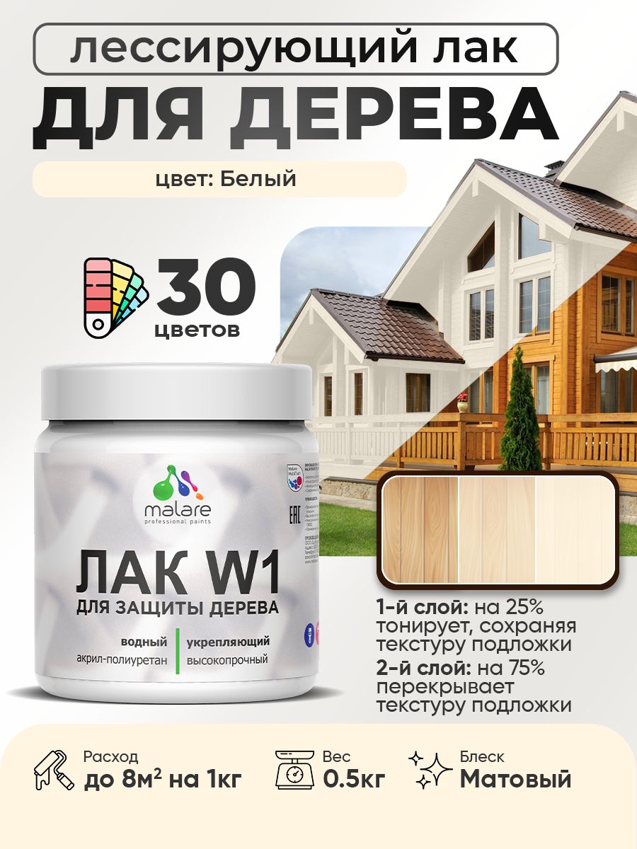 Лак колерованный тонирующий для дерева Malare W1 для деревянных и минеральных поверхностей, моющийся без запаха быстросохнущий, матовый, белый, 0.5 кг.