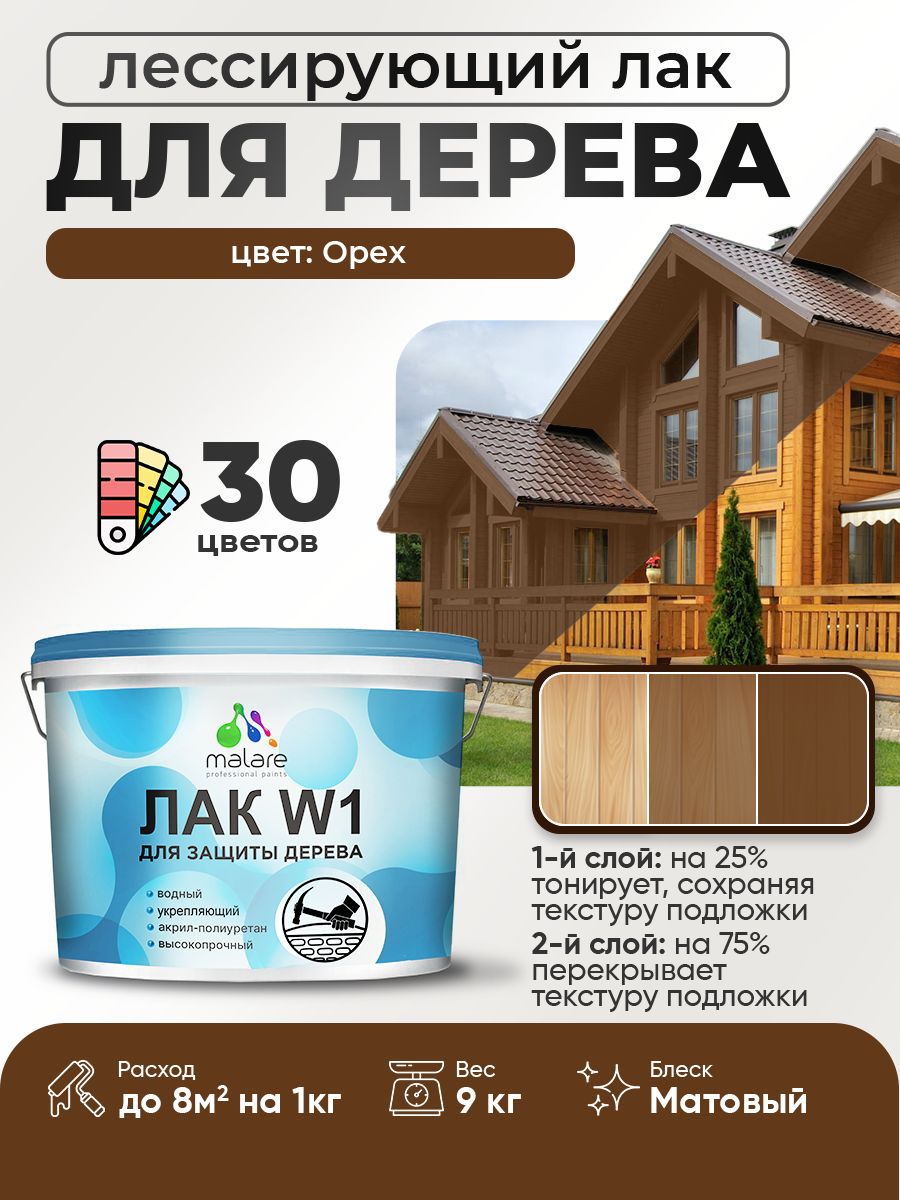 Лак колерованный тонирующий для дерева Malare W1 для деревянных и минеральных поверхностей, моющийся без запаха быстросохнущий, матовый, орех, 9 кг.