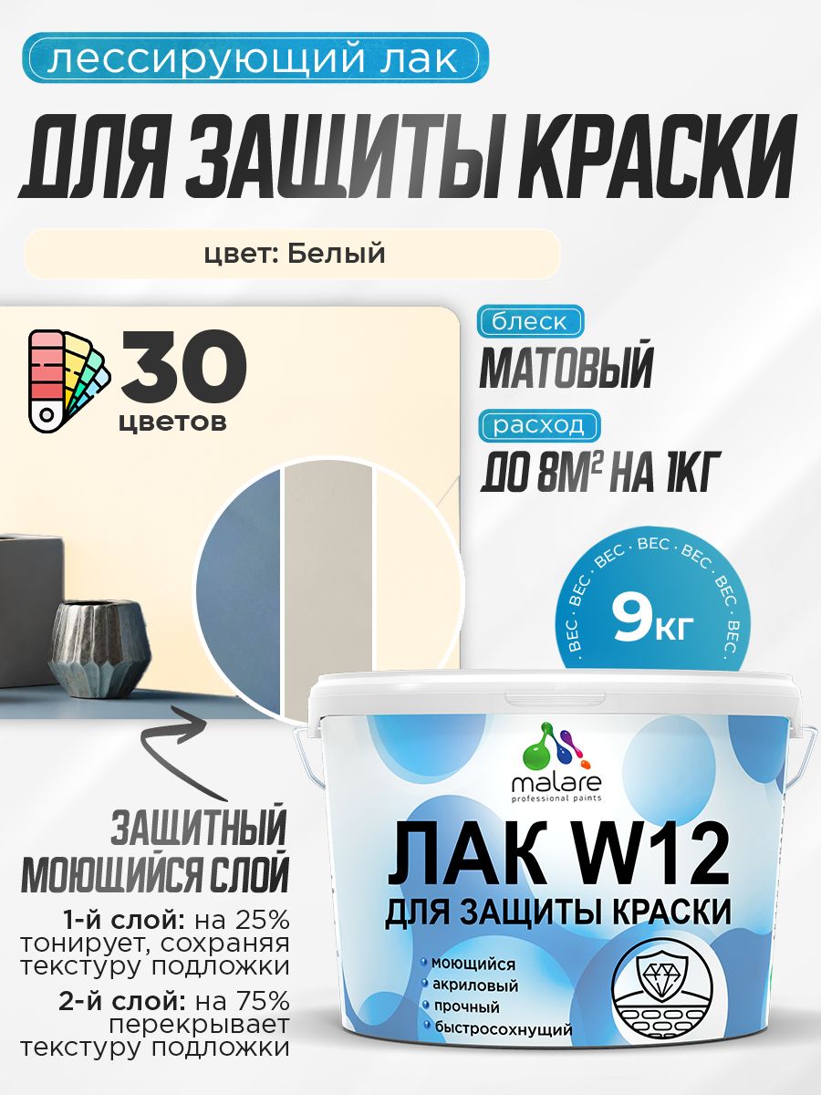 Лак колерованный тонирующий для защиты акриловых красок Malare W12 моющийся универсальный быстросохнущий экологичный, матовый, белый, 9 кг.