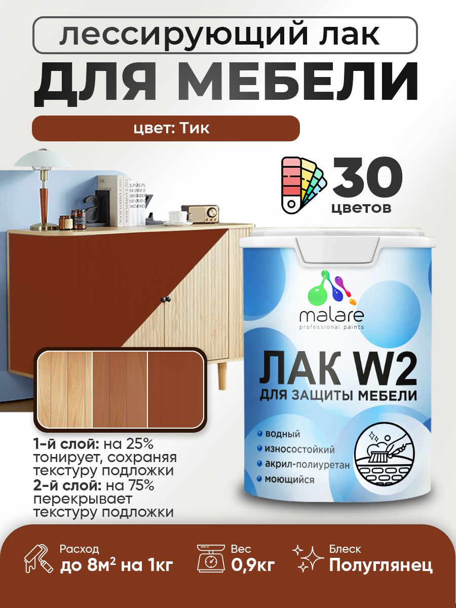 Лак колерованный тонирующий лак для мебели Malare W2 для кухонных фасадов, для дерева и минеральных поверхностей, акриловый быстросохнущий без запаха, полуглянцевый, тик, 0.9 кг.