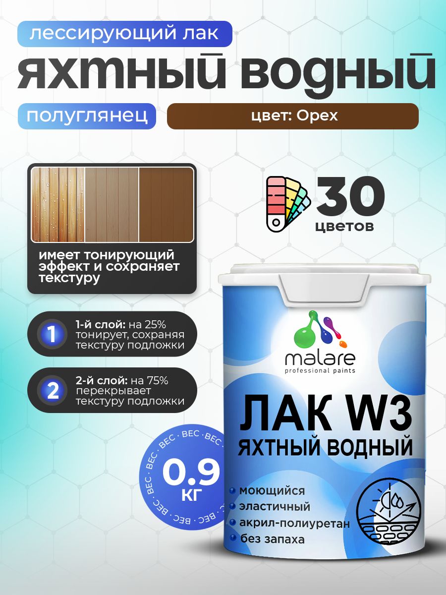 Лак колерованный тонирующий яхтный Malare W3 для деревянных и минеральных поверхностей, водный без запаха быстросохнущий, полуглянцевый, орех, 0.9 кг.