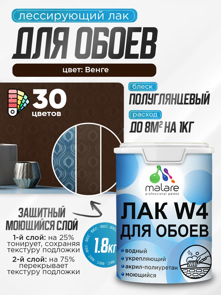 Лак колерованный тонирующий для защиты обоев Malare W4 универсальный для дерева и минеральных поверхностей, водный без запаха быстросохнущий, полуглянцевый, венге, 1.8 кг.