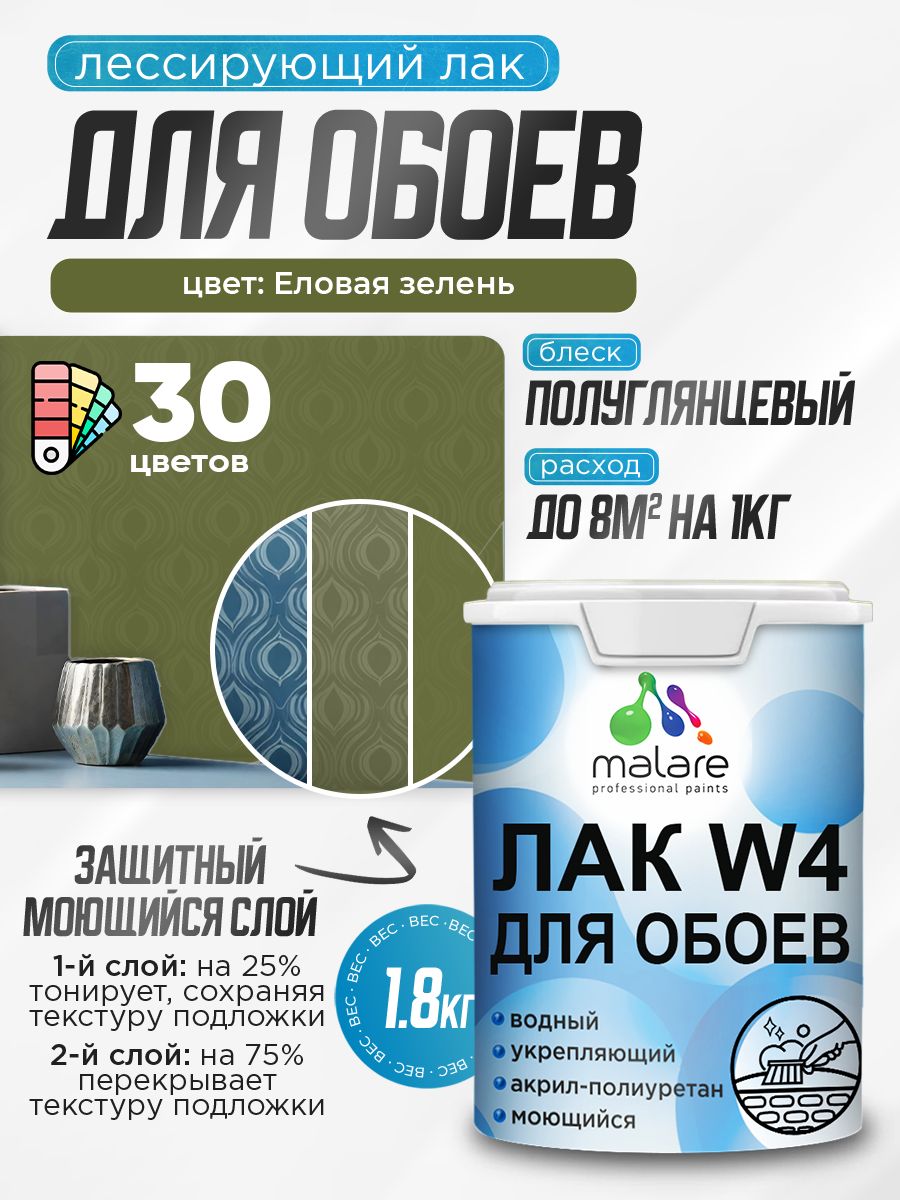 Лак колерованный тонирующий для защиты обоев Malare W4 универсальный для дерева и минеральных поверхностей, водный без запаха быстросохнущий, полуглянцевый, еловая зелень, 1.8 кг.