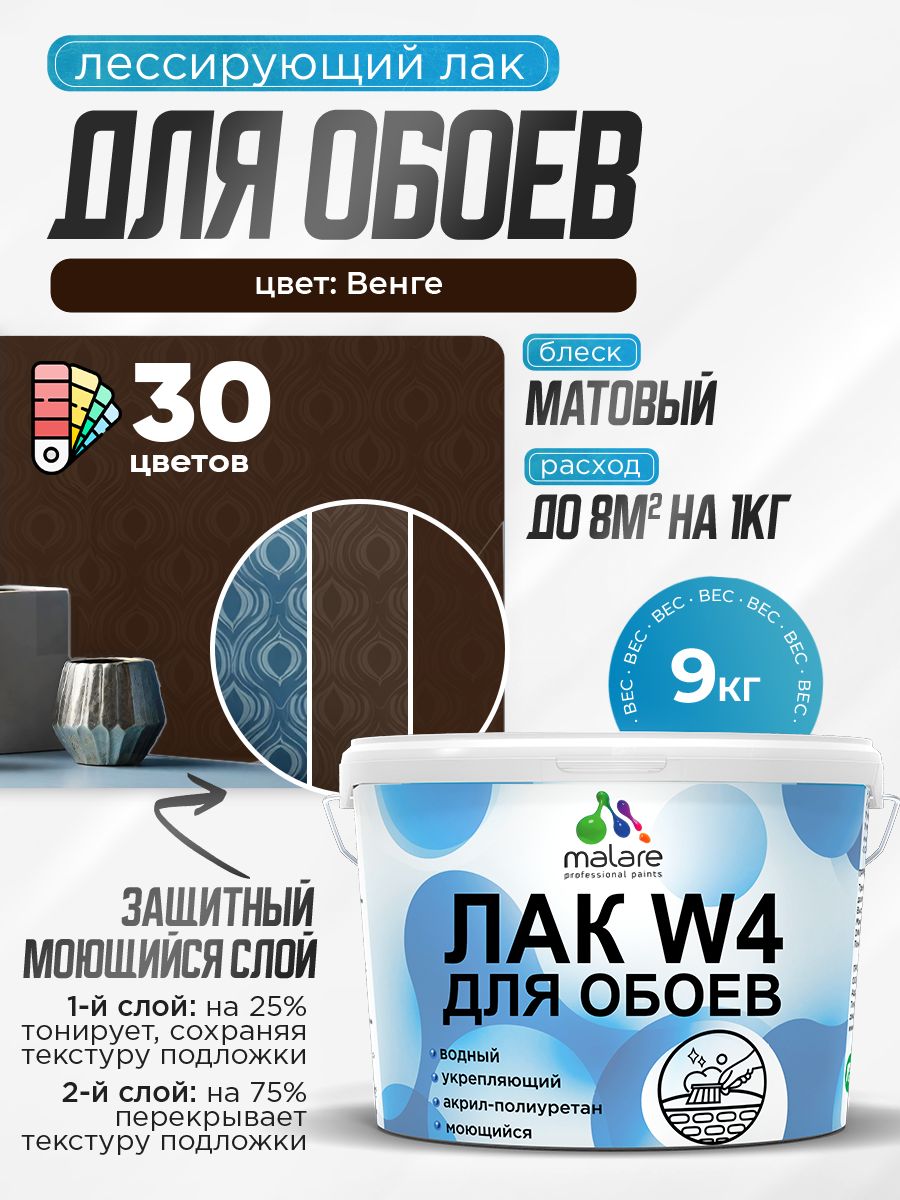 Лак колерованный тонирующий для защиты обоев Malare W4 универсальный для дерева и минеральных поверхностей, водный без запаха быстросохнущий, матовый, венге, 9 кг.