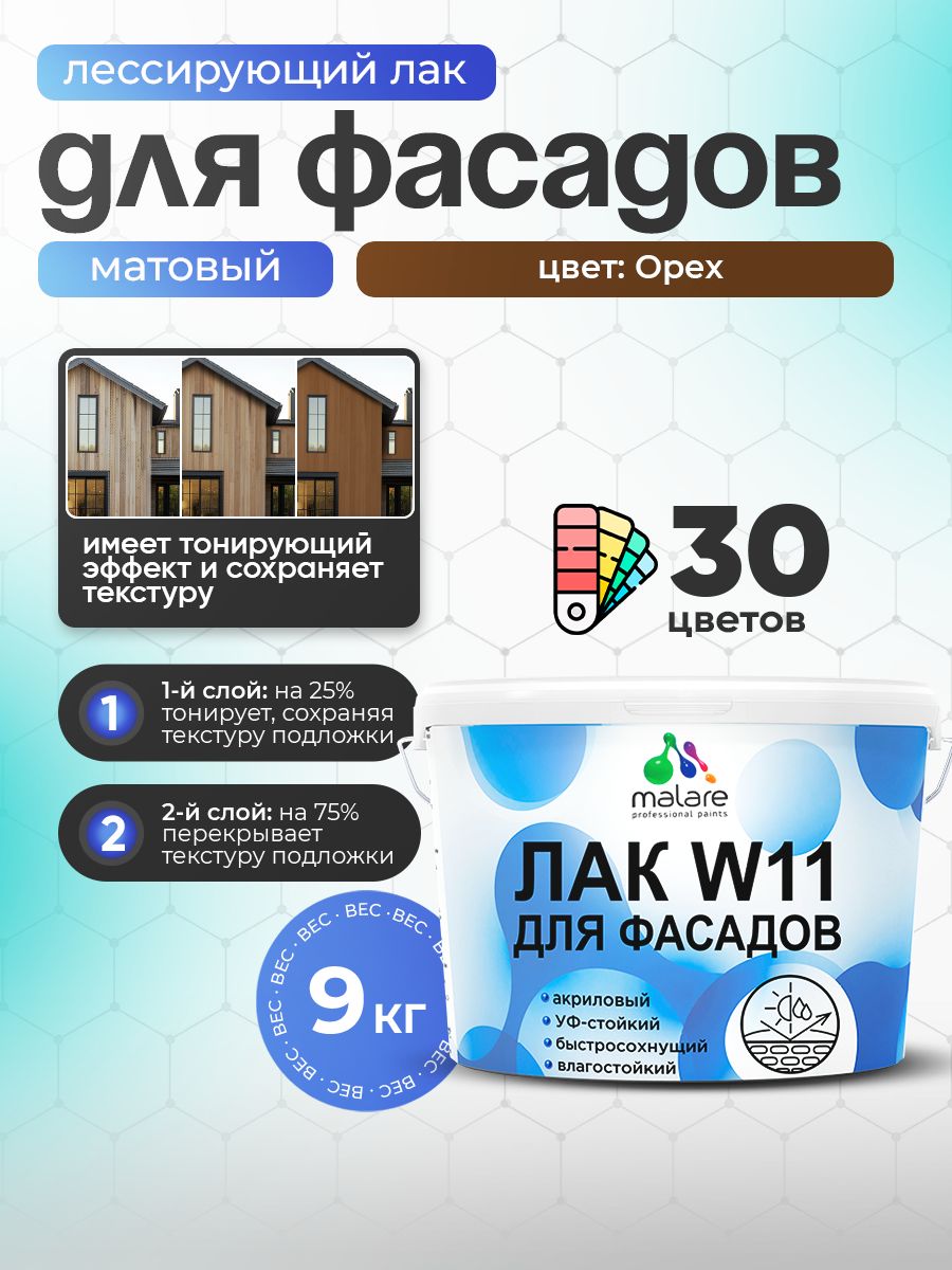Лак колерованный тонирующий фасадный Malare W11 для защиты фасадов зданий, для дерева, камня и кирпича, быстросохнущий влагостойкий экологичный, матовый, орех, 9 кг.