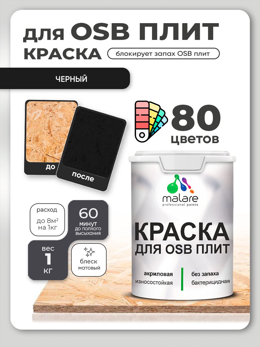 Акриловая краска для ОСБ плит Malare для дерева для наружных и внутренних работ, быстросохнущая без запаха матовая, черный, 1 кг