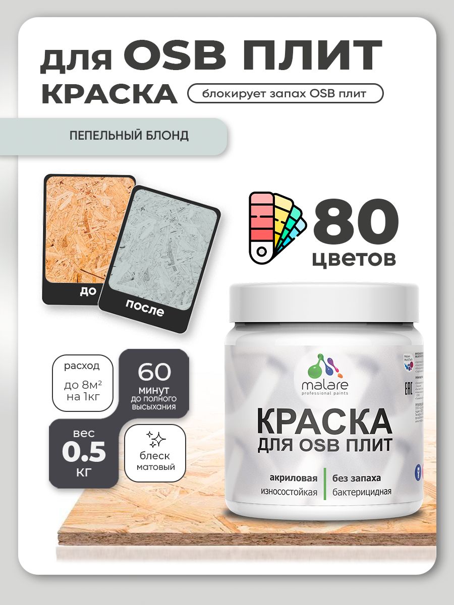 Акриловая краска для ОСБ плит Malare для дерева для наружных и внутренних работ, быстросохнущая без запаха матовая, пепельный блонд, 0.5 кг
