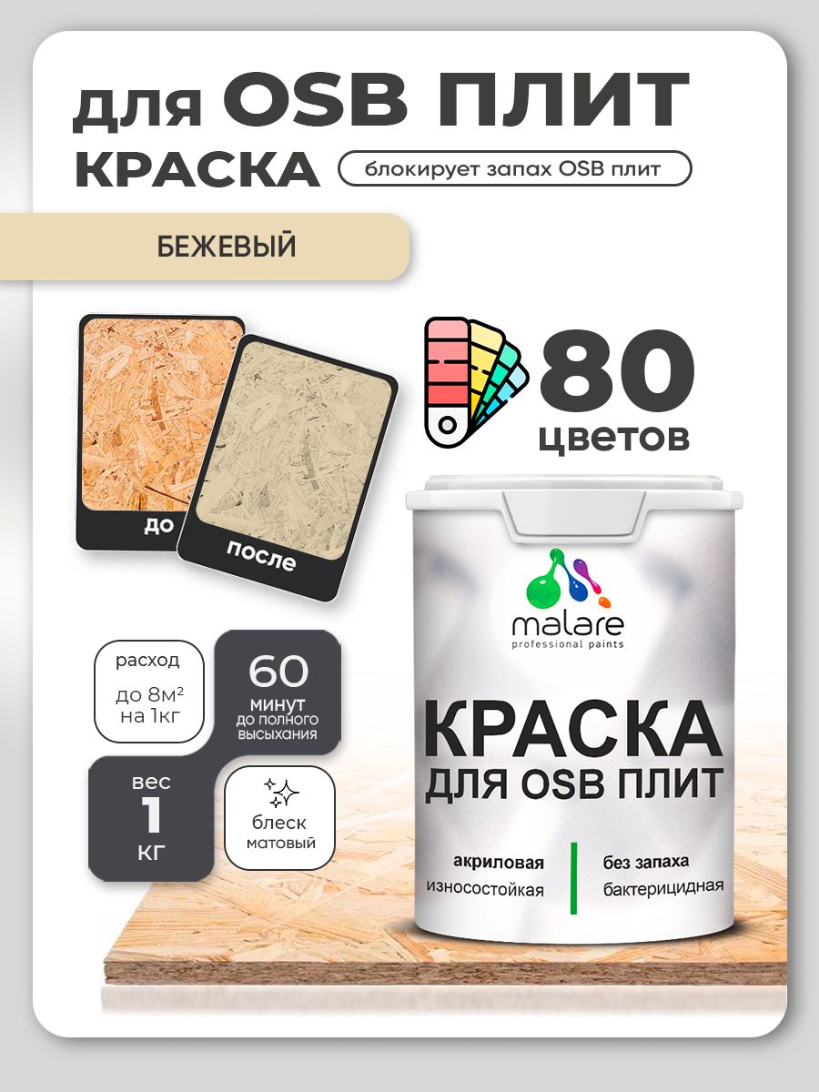 Акриловая краска для ОСБ плит Malare для дерева для наружных и внутренних работ, быстросохнущая без запаха матовая, бежевый, 1 кг