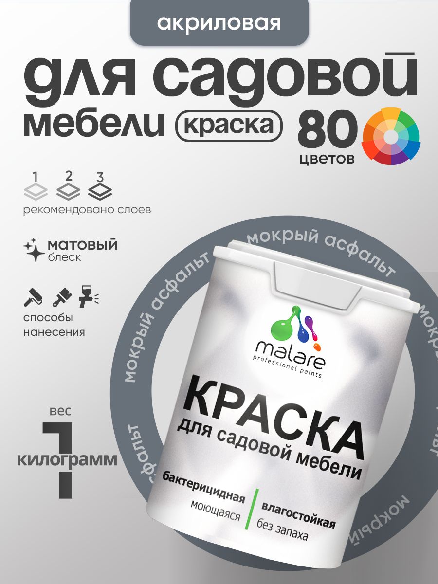 Акриловая краска Malare для садовой мебели/ по дереву, для наружных и внутренних работ/ быстросохнущая моющаяся без запаха матовая, мокрый асфальт, 1 кг