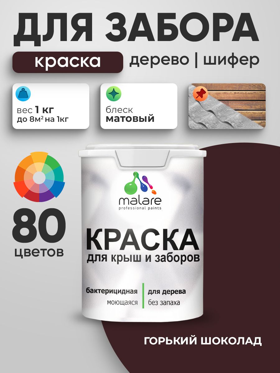 Акриловая краска Malare для деревянного забора/ по дереву для наружных и внутренних работ/ быстросохнущая моющаяся без запаха, матовая, горький шоколад, 1 кг.